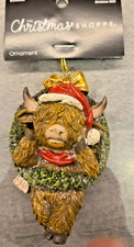 Santa Hat Highland Cow in Wreath Old Fashioned Ornament - New