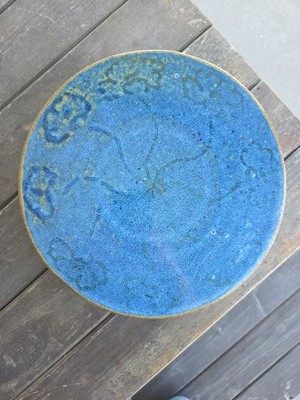 Artisan-Made Vintage Pottery Pedestal Cake Plate Blue Brown  