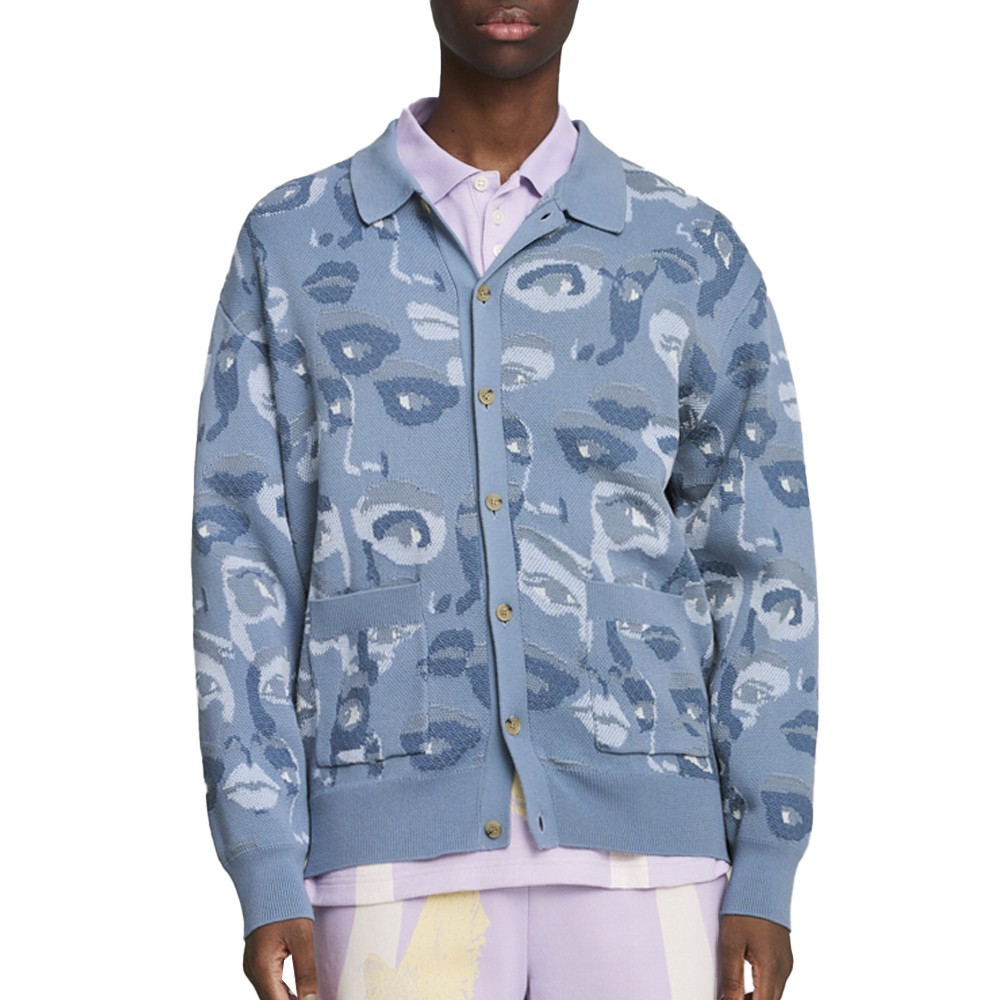 PUMA  X Kidsuper Graphic Collared Long Sleeve Cardigan Sweater Mens Blue Casual