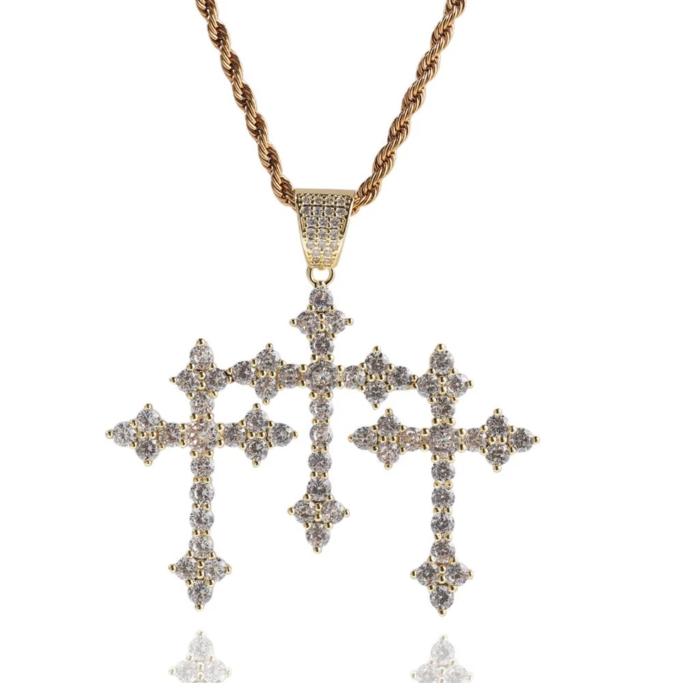 Lujoso PaveTrinity CRUZ Colgante y CADENA CUERDA Conjunto de Collar AAA Circón Hip Hop Foto 3 de 4