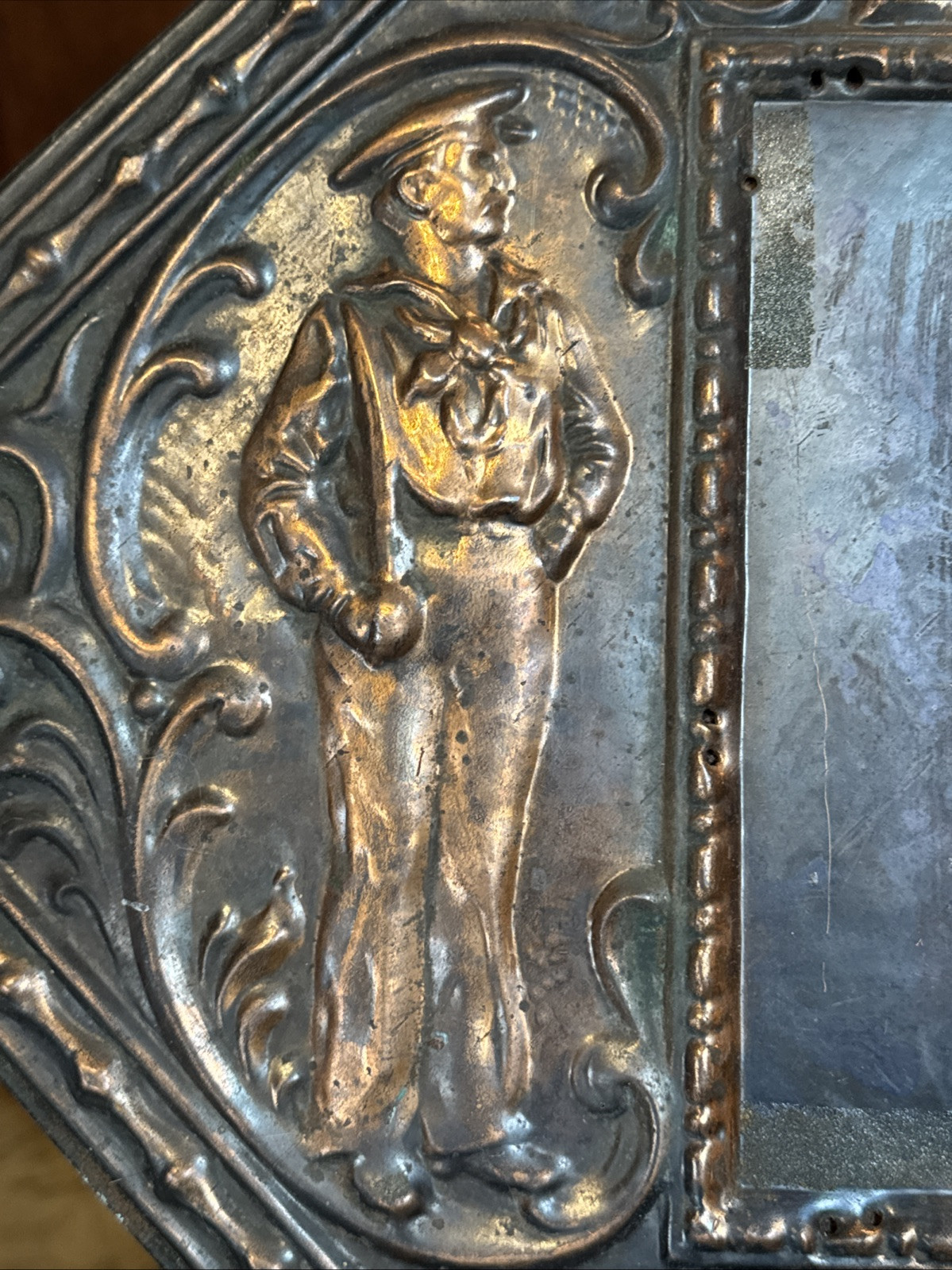 1890s Antique USS OLYMPIA Our Nations Pride Hammered Copper On Wood Mirror RARE