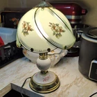 Vintage 3-Way  Gold Tone Touch Lamp w 6 Panels Blue Floral 15" MISSING top piece