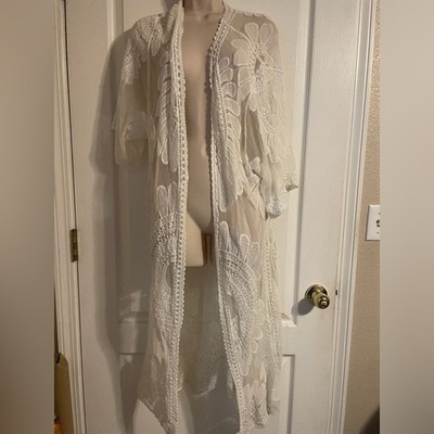 Asha Womens White Lace Longline Kimono Cardigan Sheer Crochet Duster Cover Up OS