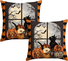 Halloween Pumpkin Trick or Treat Throw Pillow Covers, 18 X 18 Inch Black Cat Bat