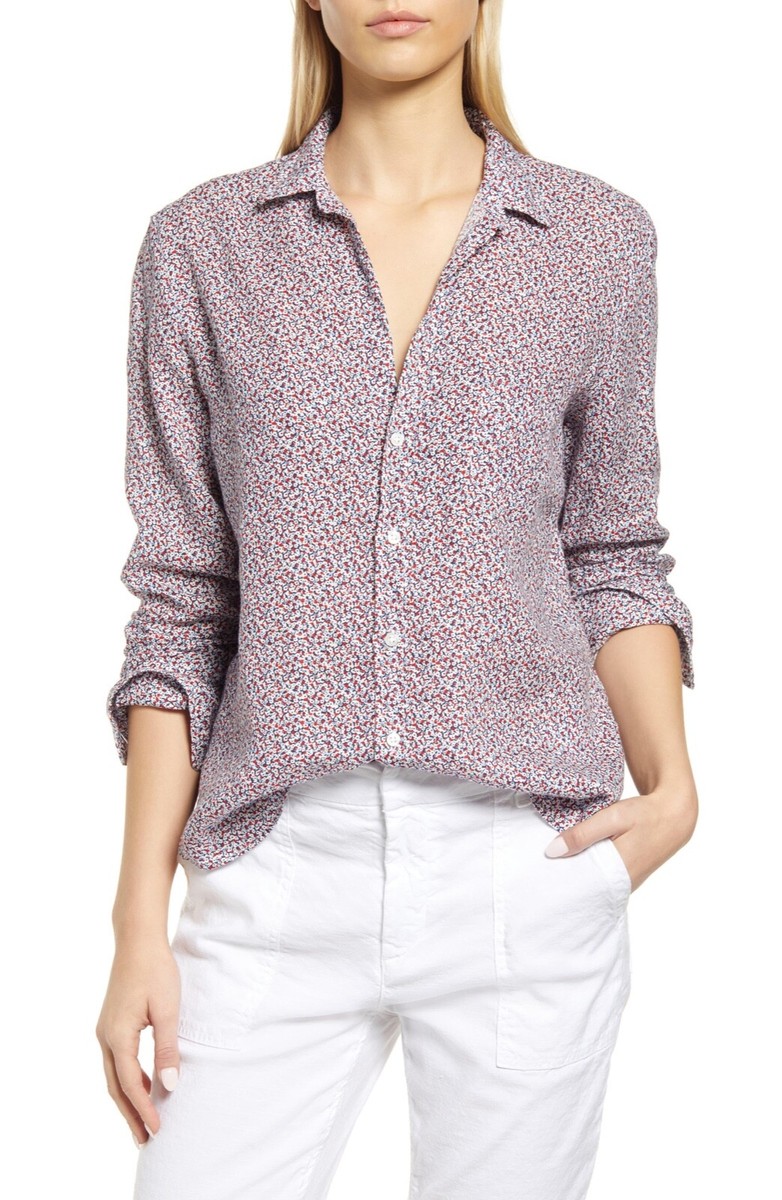 Frank & Eileen Womens 100% Linen Button Up Shirt Floral Long