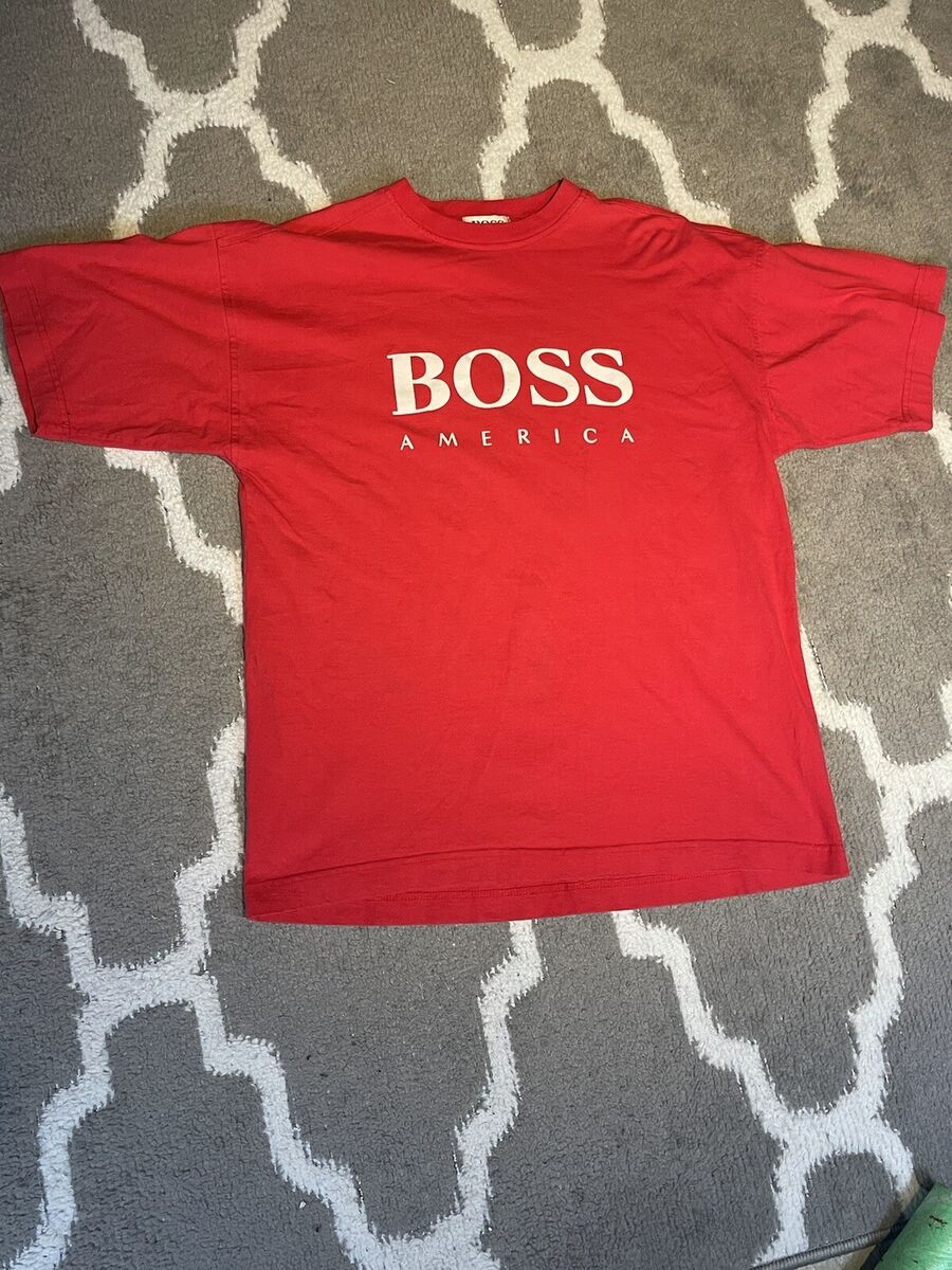 Vintage 90s Hugo Boss America Shirt Big Logo Spellout Purple Hip