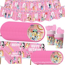 Bluey Kids Birthday Party Decoration Paper Plates Paper Cups Tablecloths Pink