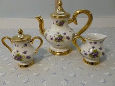 Vintage Teapot , Sugar And Creamer Set 3 Pc Bone China 22 kt Gold Violets