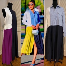 ZARA ColorBlock Pleated Patchwork DRESS - Purple Midi - Neon Green - Blue Stripe