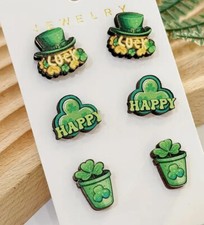 3 Pairs Green St. Patrick's Day Wooden Stud Earrings for Women