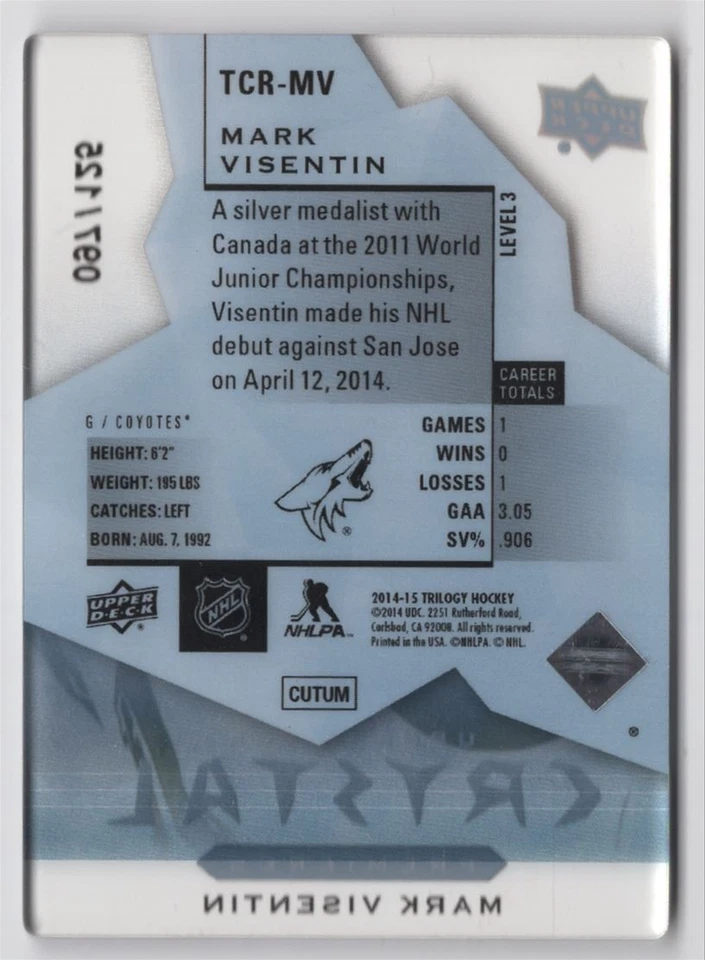 2014-15 Upper Deck Trilogy Crystal Mark Visentin /125 Phoenix Coyotes #TCR-MV R9 - Image 2 of 2