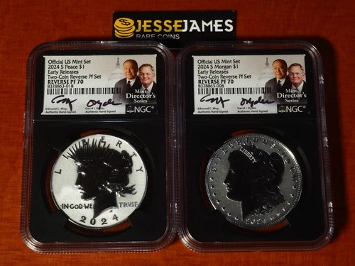 2024 S REVERSE PROOF SILVER PEACE & MORGAN DOLLAR NGC PF70 ER MOY RYDER SIGNED