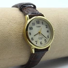 Vintage Timex Indiglo Women's Watch Gold Tone Case White Dial Brown Leather Band
