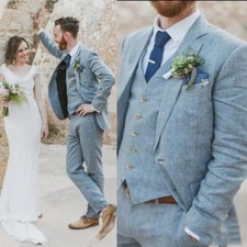 Blue Linen Men's Suits 3 Pieces Slim Fit Summer Wedding Groom Party Tuxedos