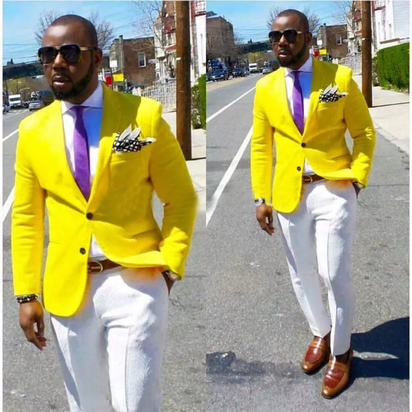 Royal Blue Men Suits Yellow Vest Wedding Formal Tuxedos Peak Lapel