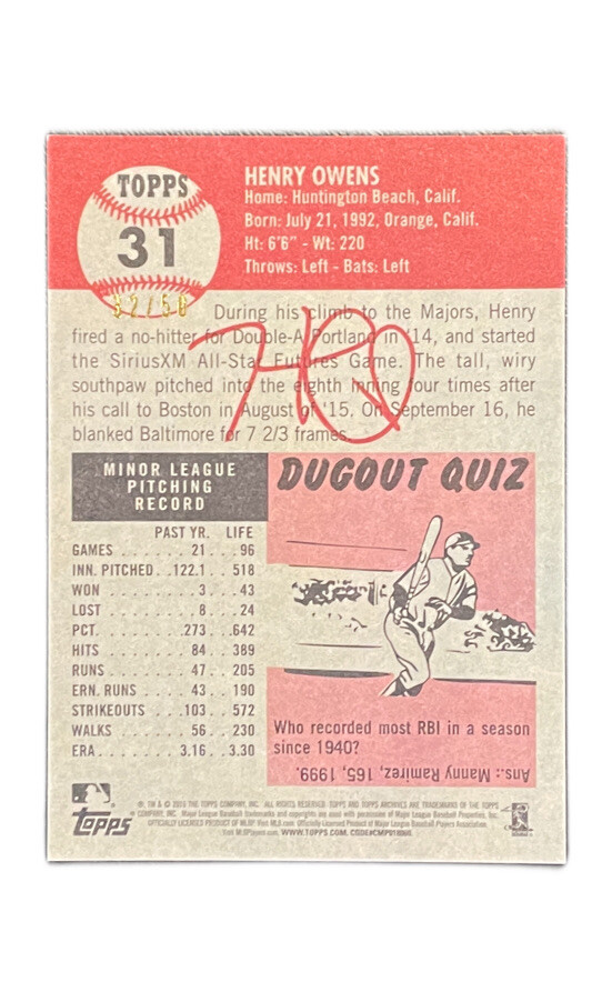 Henry Owens 2016 Topps Archives RC Rookie Red /50 Red Sox | eBay