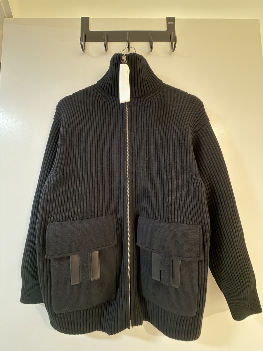 90s HERMES ウールカシミヤ ハイネックジップニット 黒系 Hermès Women's Black Ribbed Wool Knit Full Zip Sweater Turtleneck