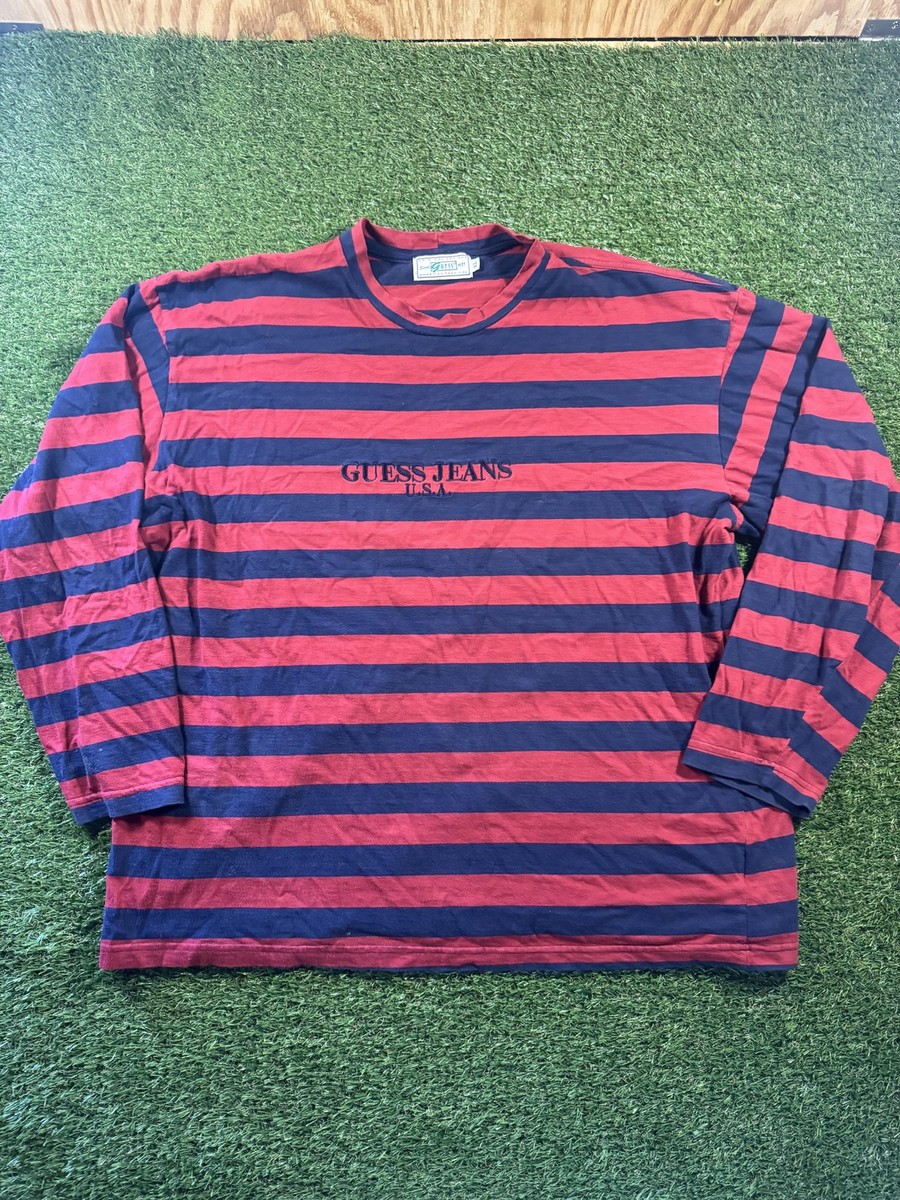Vintage Guess Jeans Shirt Mens XL Red Navy Stripe Long Sleeve Made