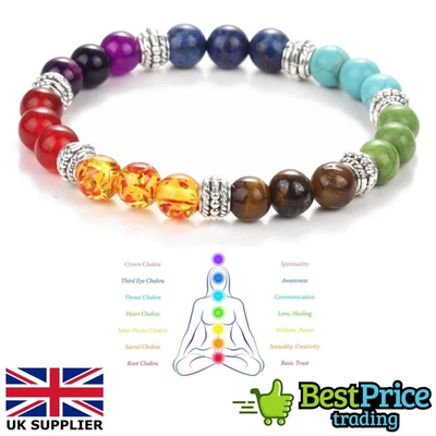 7 Chakra Bead Crystal Gemstone Bracelet Anxiety Stone Healing Reiki - Image 1 of 4