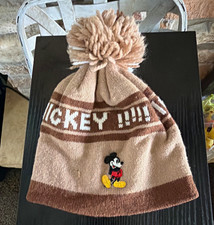 Disney Mickey Mouse Beanie Hat Pom Pom Knit Winter Hat Cap Tan/Brown