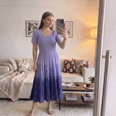 classic smocked maxi dress Vintage Smocked Tiered Maxi Dress M Purple Ombre Cotton
