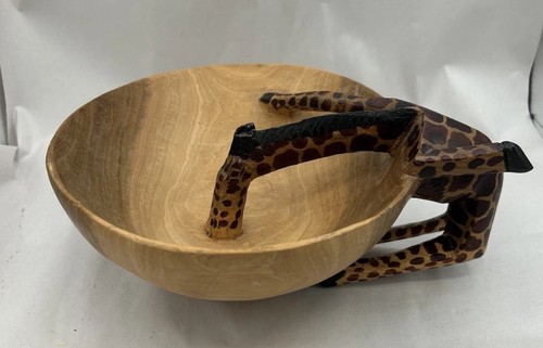 Vintage Giraffe Drinking African Hand Carved Wooden Decorative Bowl 7.5" Travel