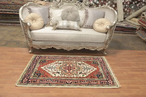Hand-Knotted Medallion Wool Carpet Geometric Beige Indian Rug 3x5 Ft Foyer Rug - Picture 3 of 12