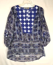 Figueroa and Flower Top Womens Size Large Sheer Blue Geometric V-Neck Boho Flowy