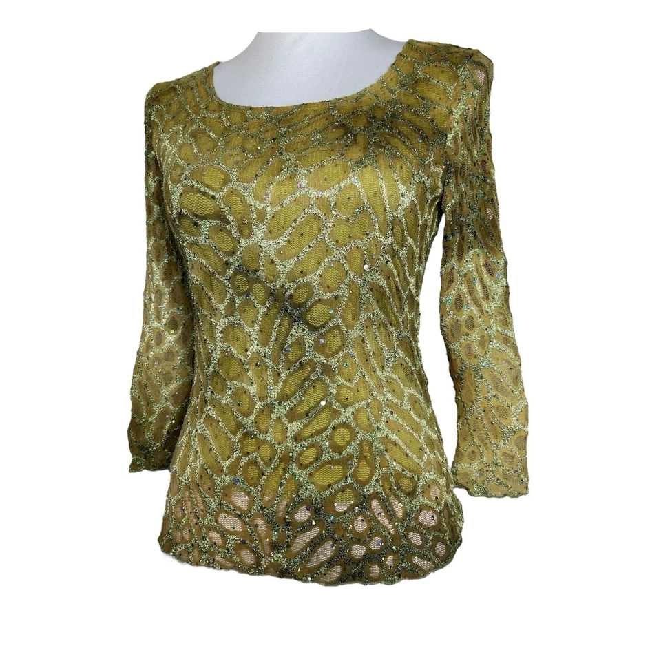 复古 Dressbarn 童话上衣 S / M 绿色长袍亮片动物印花波西米亚网眼 T 恤 — 第 3/4 张图片