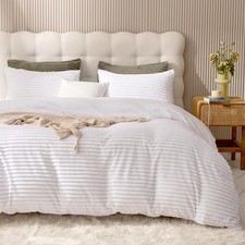 JELLYMONI Plush Duvet Cover Set - King Pure White Striped Fluffy Comforter Set