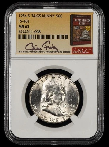 1954 S Franklin Half Dollar NGC MS63 Bugs Bunny Bill Fivaz Signature Label