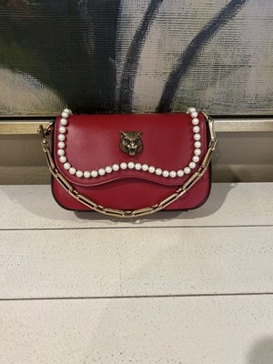 Gucci Red Pearl Trim Tiger Head Mini Shoulder Bag Gold Chain