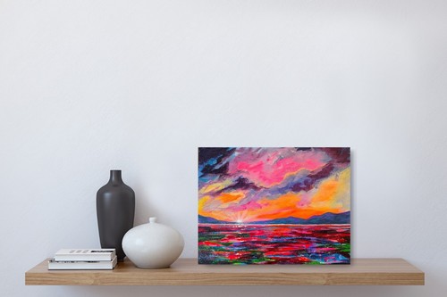 Sonnenuntergang Landschaft ORIGINAL GEMÄLDE handgemalt auf 11 x 14 Leinwand. Berge Meer - Bild 2 von 2