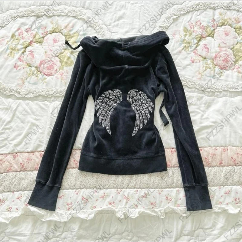 Angel Wings Rhinestone Zip Hoodie Womens Jacket Y2K Grunge