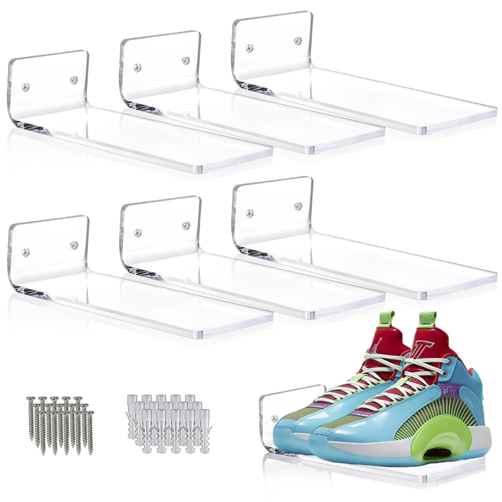 Wall Mount Floating Shoe Display Shelves Set of 6 - Clear Acrylic Rack Organizer