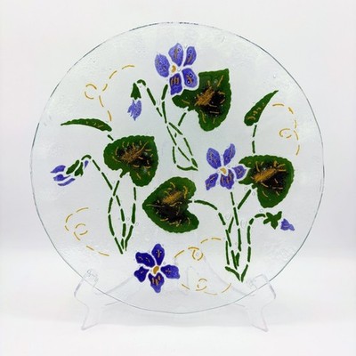 Abram Grove Abe's Plates Fused Art Glass Chop Plate Violet Purple Flower Signed