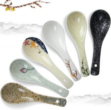 6 Pcs Asian Retro Ceramics Soup Spoons Japanese Style Rice Spoon Flatware