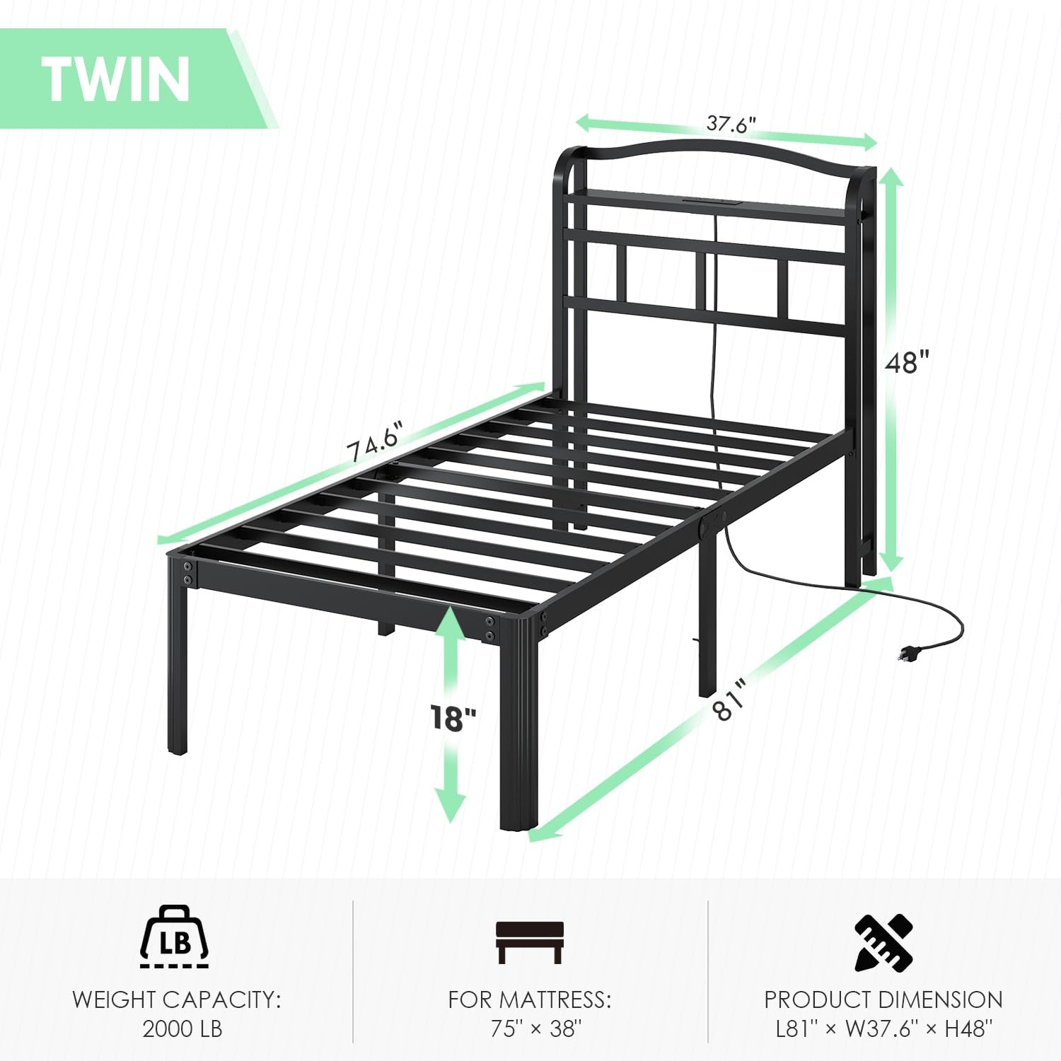 Twin Size Bed Frame - Storage Headboard with Charging Station, Easy Assembly,...