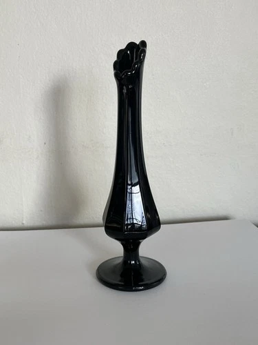Vintage Fenton Black Glass Pedestal Swung Thumbprint Vase MCM Petite 7 1/4”