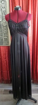 1950s Black Nylon Sweeping Full Length Vanity Fair Nightgown