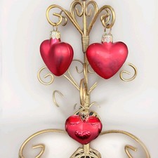 Lot Of Three Small Red Glass Heart Hanging Ornaments 2" x 2"