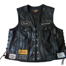 Harley-Davidson Leather Biker Vest Mens XL Black Snap Front Pockets Patches Vint