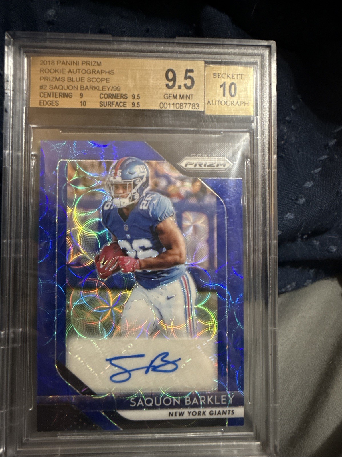 2018 Prizm Saquon Barkley Rookie Auto Blue Scope RC #44/99 Giants BGS 9.5/10