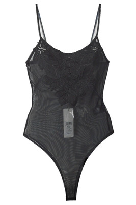 Lipsy Black Sheer Mesh Applique Body Suit Top Size UK