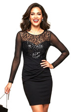 Lipsy Black Bodycon Sequin Dress 10 Long Sleeve Party Occasion Evening Knee long