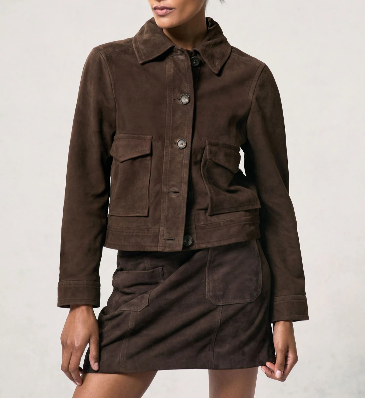Women’s Chocolate Brown Suede Trucker Jacket Classic Vintage Style Designer Coat