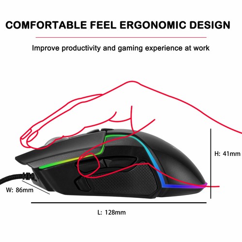 Laptop PC RGB Gaming Mouse, 10 Buttons for Windows 7/8/10/XP Vista Linux, Black - Picture 3 of 7