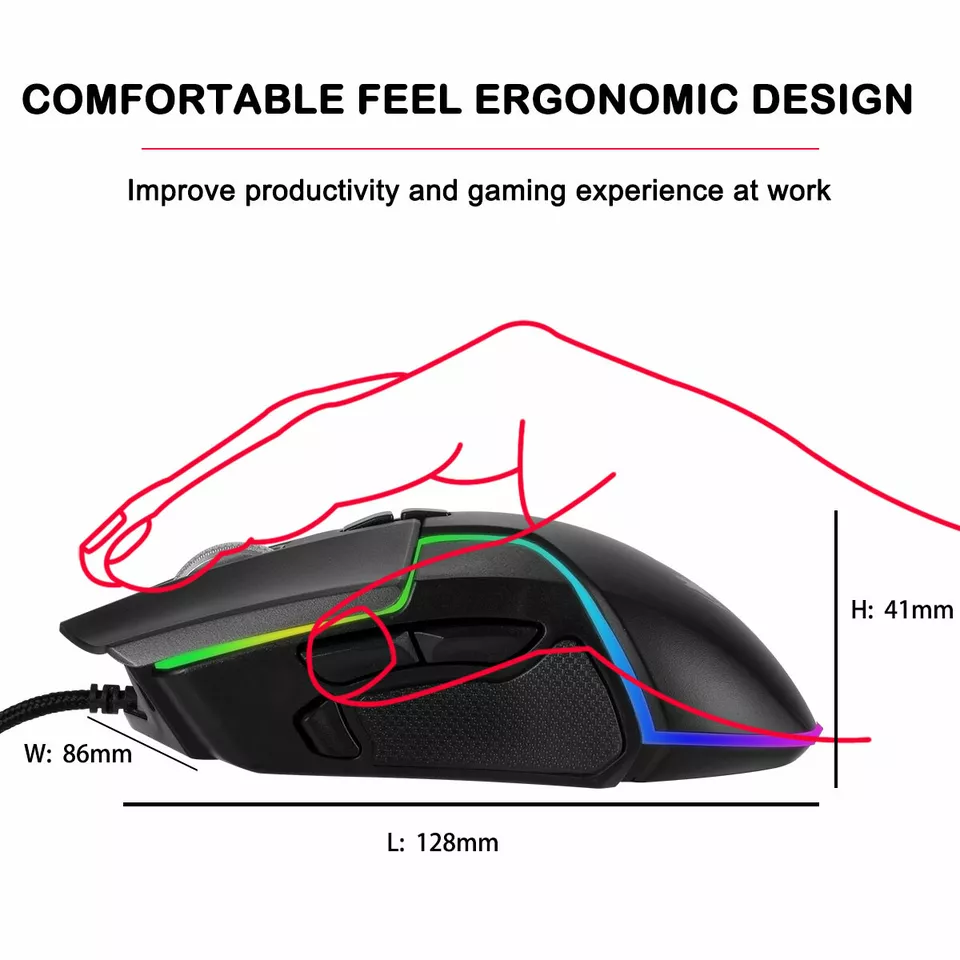 Laptop PC RGB Gaming Mouse, 10 Buttons for Windows 7/8/10/XP Vista Linux, Black - Image 3 of 4