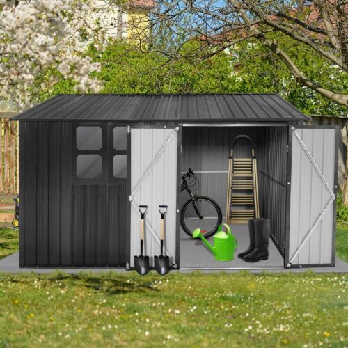8*10 FT Outdoor Storage Shed Metal Garden Tool Shed Lockable Door w/Window Black - Picture 3 of 8
