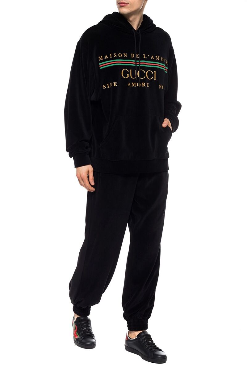 New Gucci Men's Black Velvet Jogger Sweat Pants with Satin Stripe 595535  1082